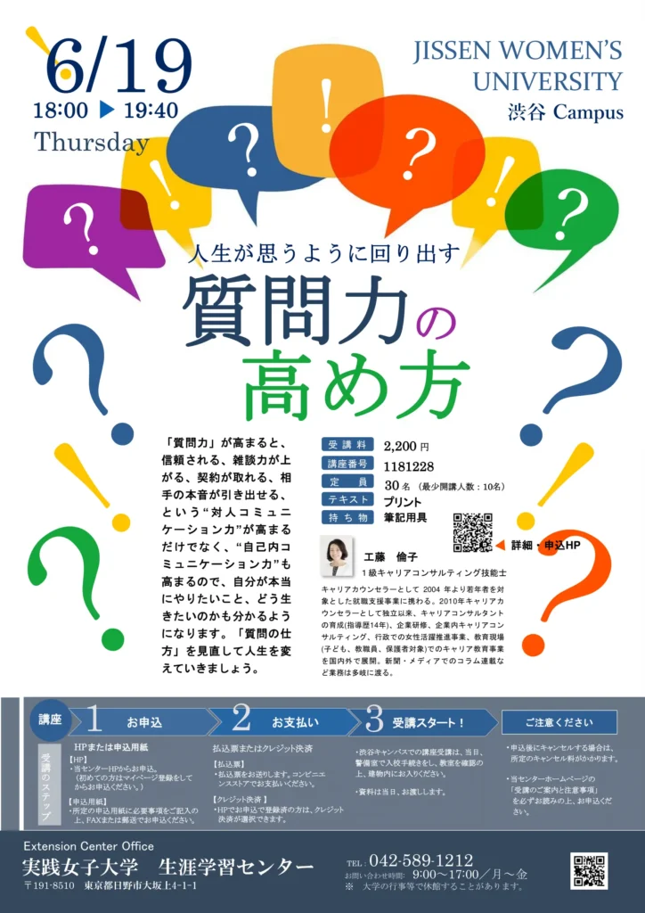 実践女子大学生涯学習センター1Day特別講座「人生が思うように回り出す質問力の高め方」のチラシ